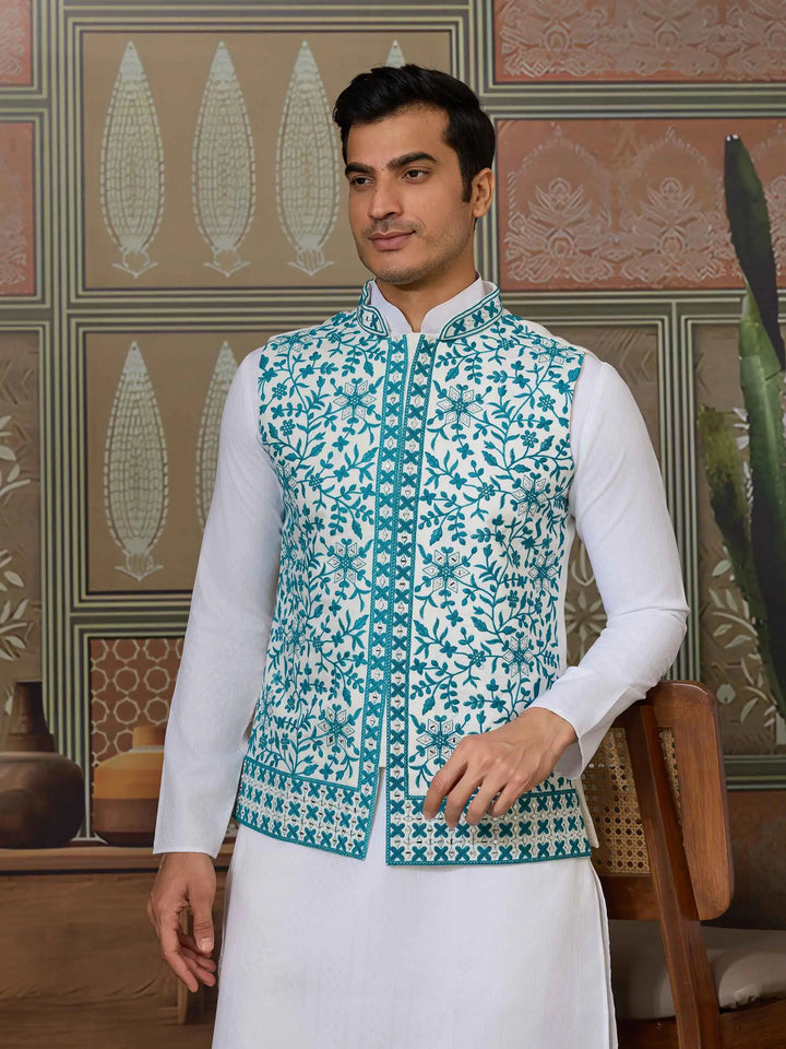Teal Blue Silk Kurta Set With Embroidery & Mirror Koti - qivii