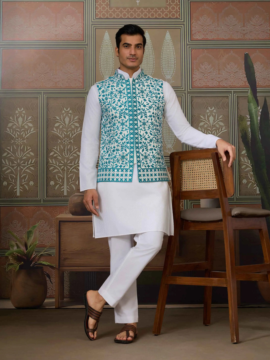 Teal Blue Silk Kurta Set With Embroidery & Mirror Koti - qivii