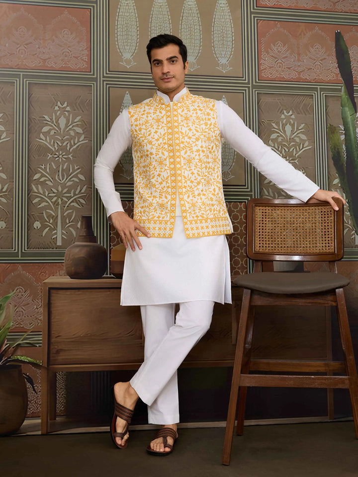 Yellow Silk Kurta Set With Embroidery & Mirror Work Koti - qivii