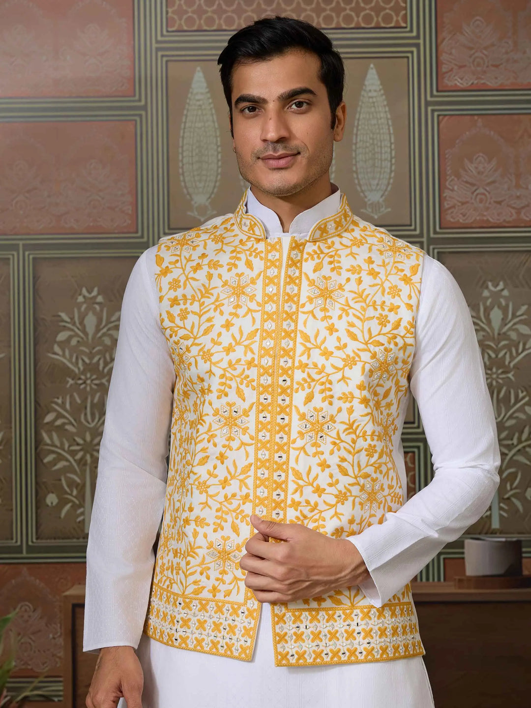 Yellow Silk Kurta Set With Embroidery & Mirror Work Koti - qivii