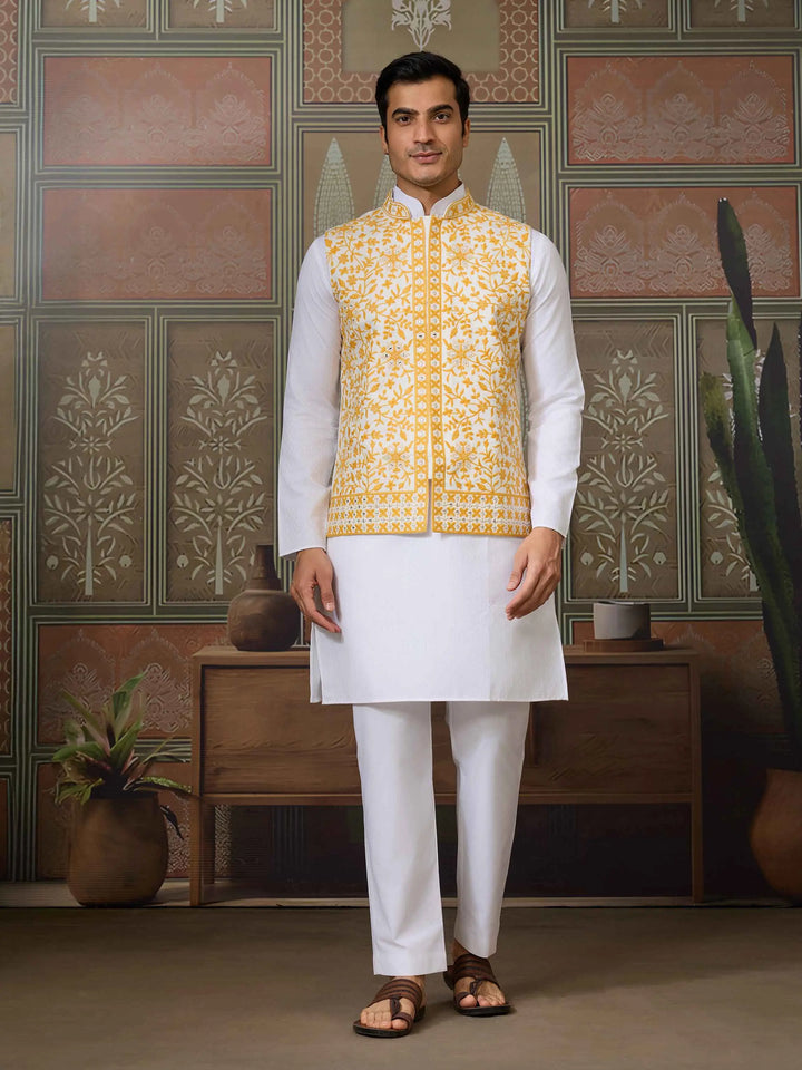 Yellow Silk Kurta Set With Embroidery & Mirror Work Koti - qivii
