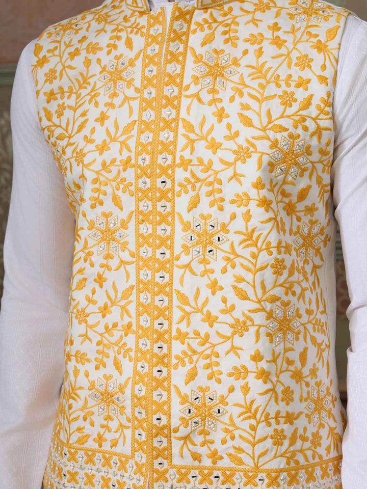 Yellow Silk Kurta Set With Embroidery & Mirror Work Koti - qivii