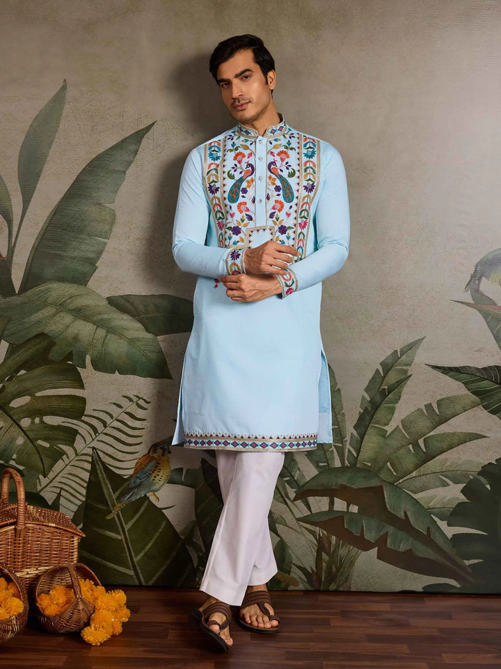 Sky Blue Multi Thread Sequins Embroidery Work Festive Wear Kurta Set - qivii