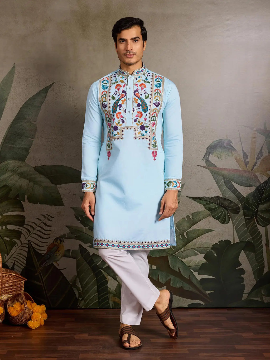 Sky Viscose Silk Thread & Sequence Embroidered Work Kurta