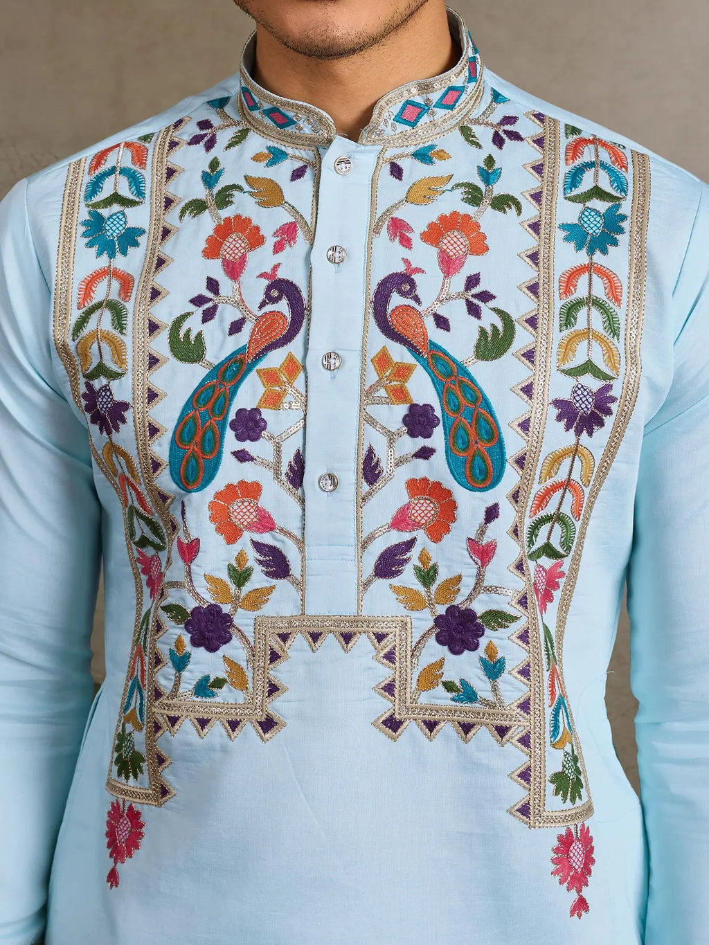 Sky Viscose Silk Thread & Sequence Embroidered Work Kurta