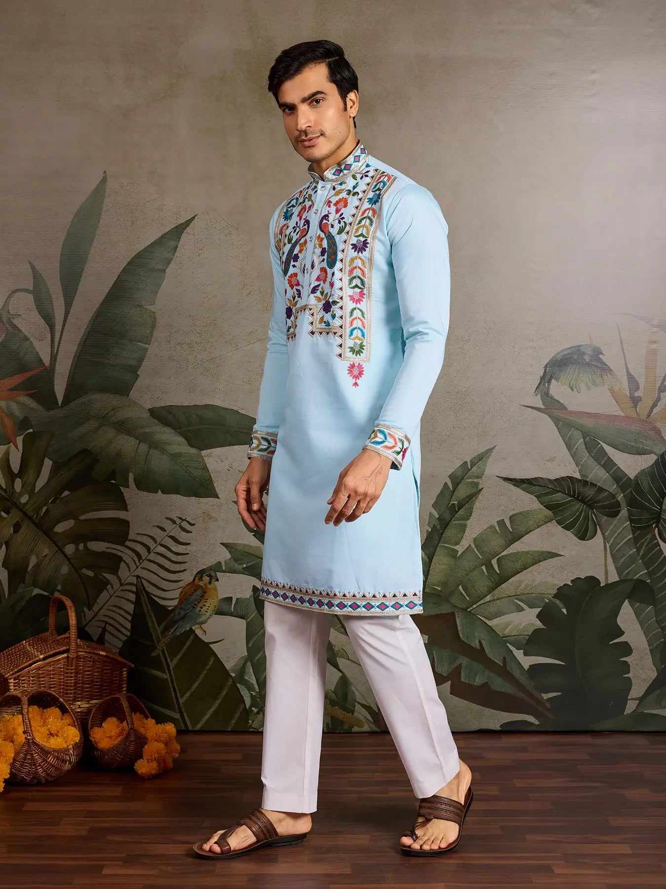Sky Viscose Silk Thread & Sequence Embroidered Work Kurta