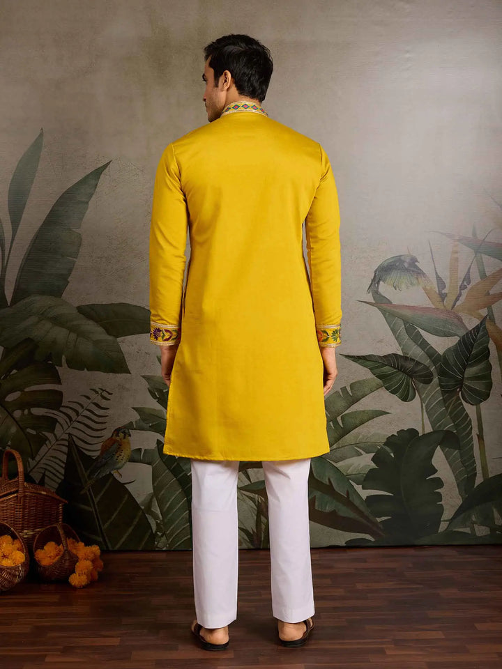 Yellow Multi Thread And Sequins Embroidery Work Festive Wear Kurta Set - qivii