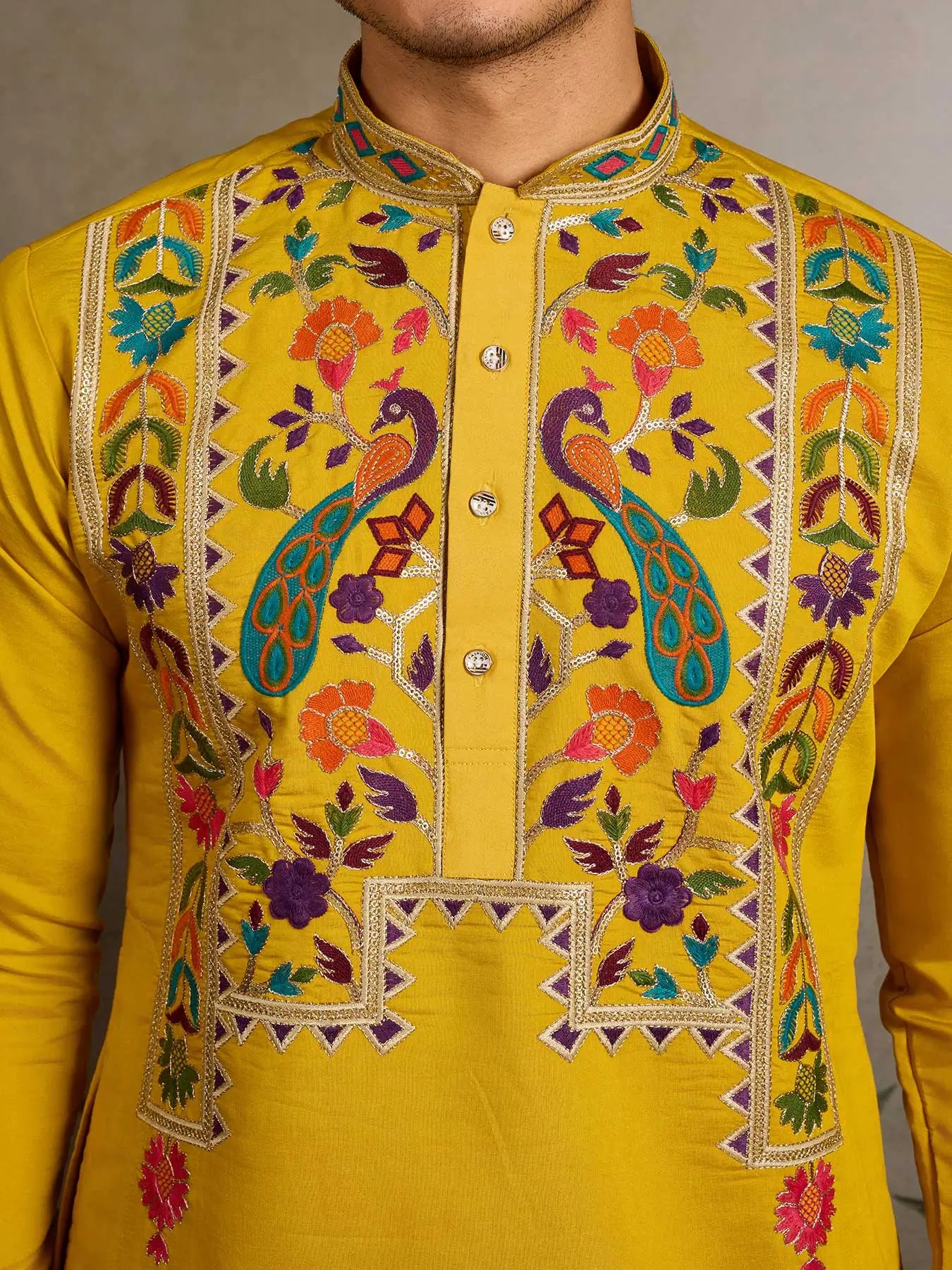 Yellow Viscose Silk Thread & Sequence Embroidered Work Kurta With Bottom