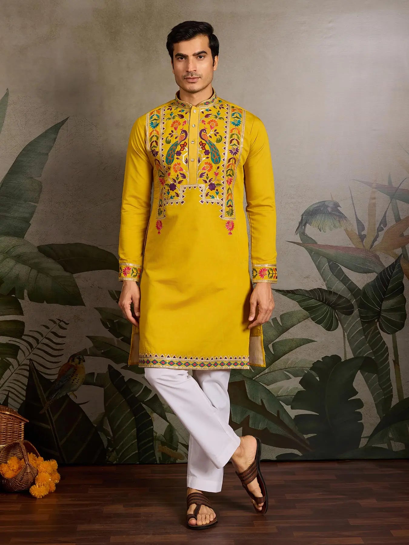 Yellow Viscose Silk Thread & Sequence Embroidered Work Kurta With Bottom