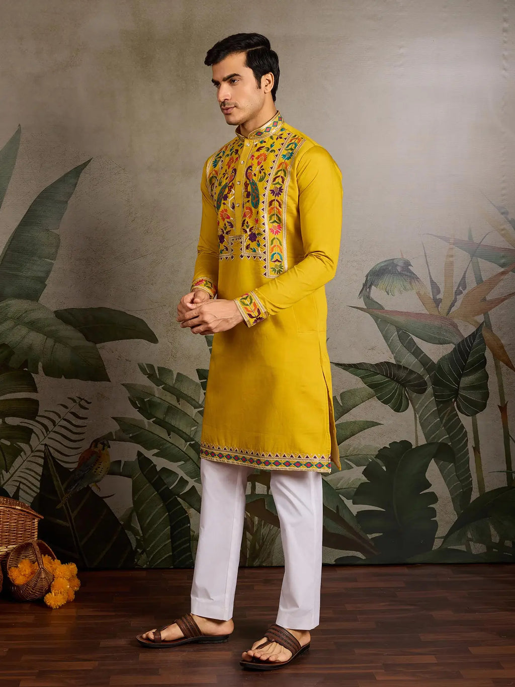 Yellow Viscose Silk Thread & Sequence Embroidered Work Kurta With Bottom