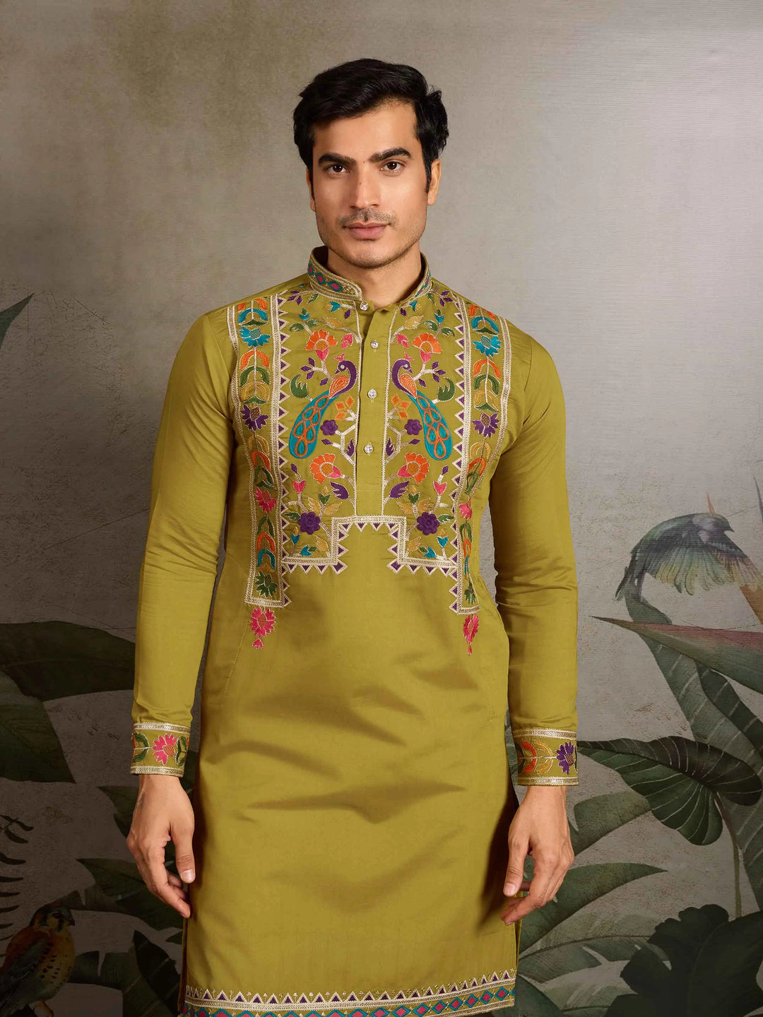 Fluroscent Green Multi Thread Sequins Embroidery Work Festive Wear Kurta Set - qivii