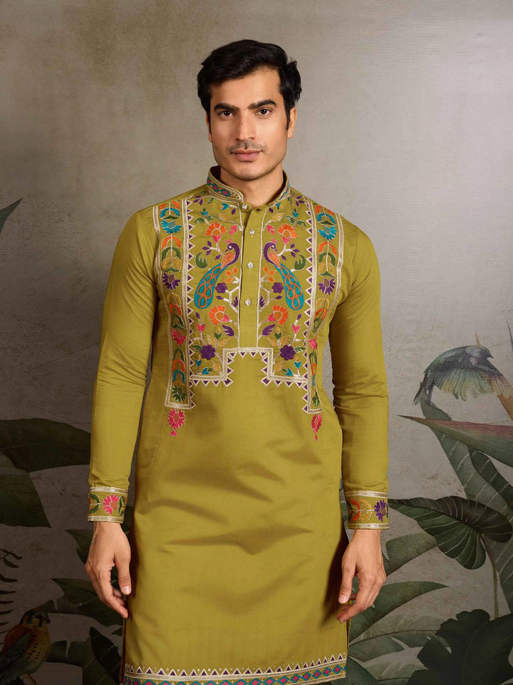 Fluroscent Green Multi Thread Sequins Embroidery Work Festive Wear Kurta Set - qivii