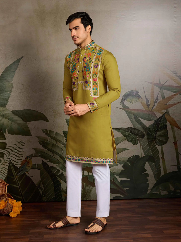 Fluroscent Green Multi Thread Sequins Embroidery Work Festive Wear Kurta Set - qivii
