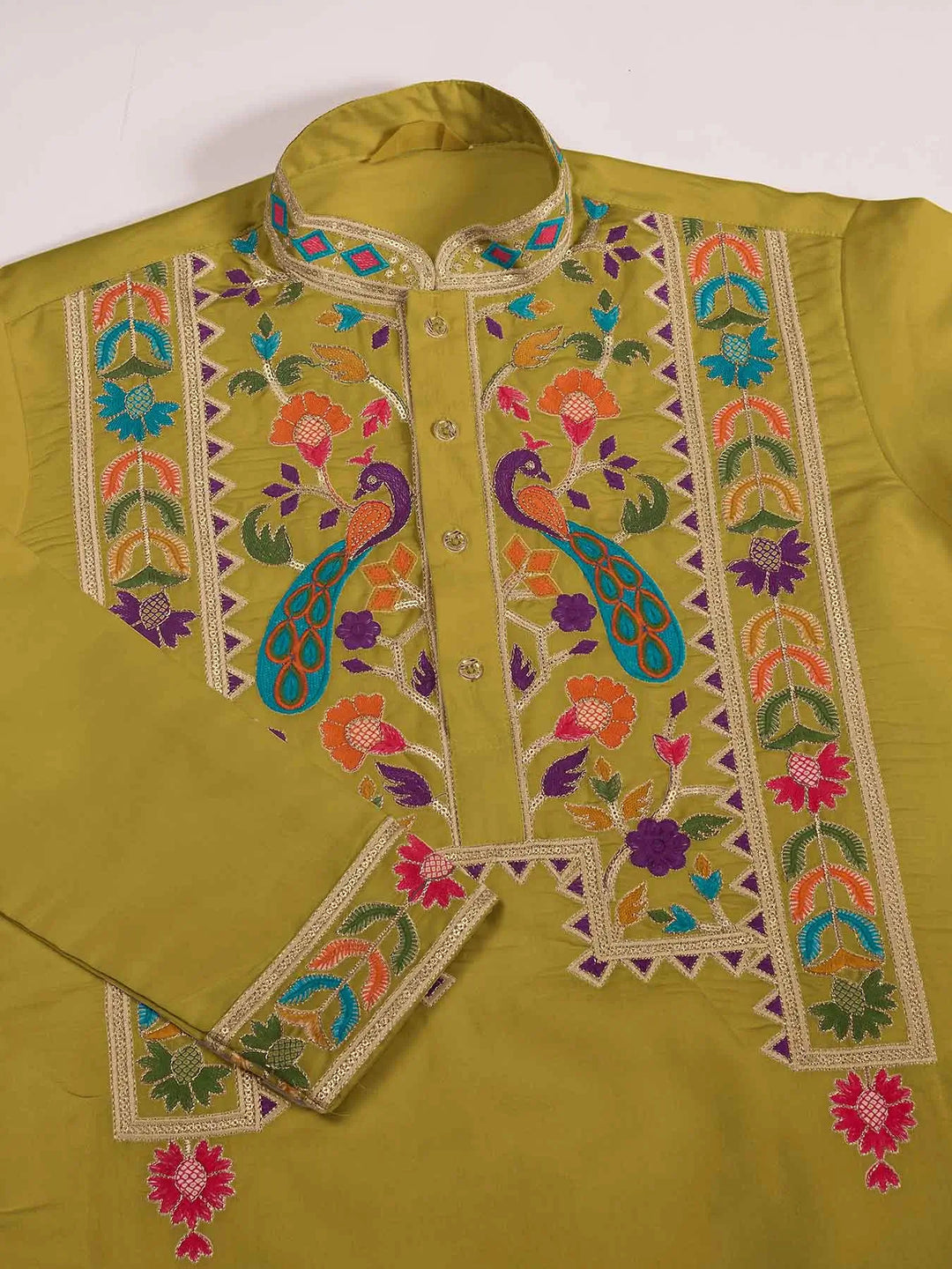 Fluroscent Green Multi Thread Sequins Embroidery Work Festive Wear Kurta Set - qivii