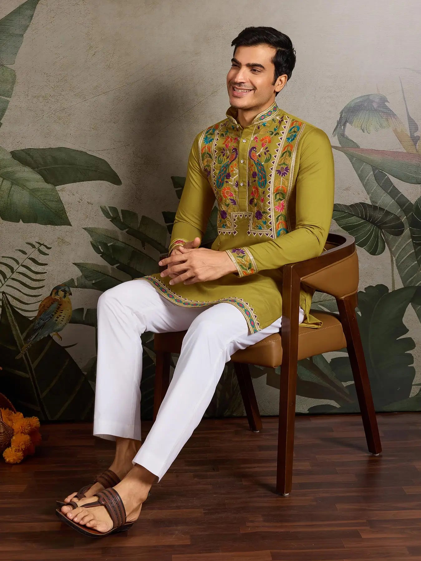 Mustard Viscose Silk Thread & Sequence Embroidered Work Kurta