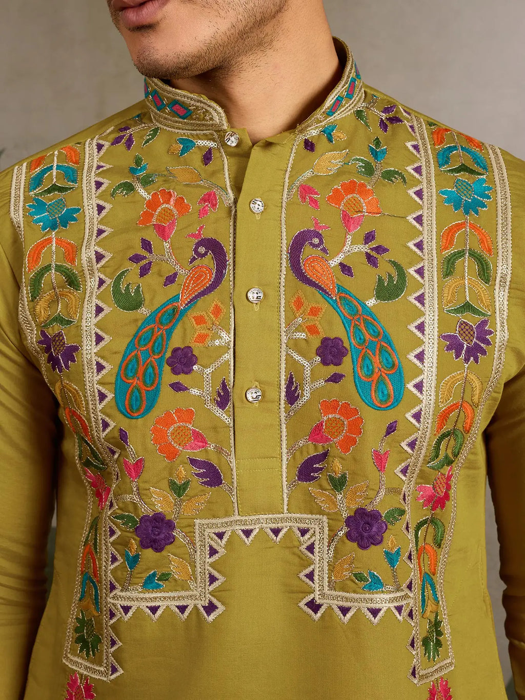 Mustard Viscose Silk Thread & Sequence Embroidered Work Kurta