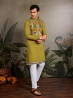Mustard Viscose Silk Thread & Sequence Embroidered Work Kurta