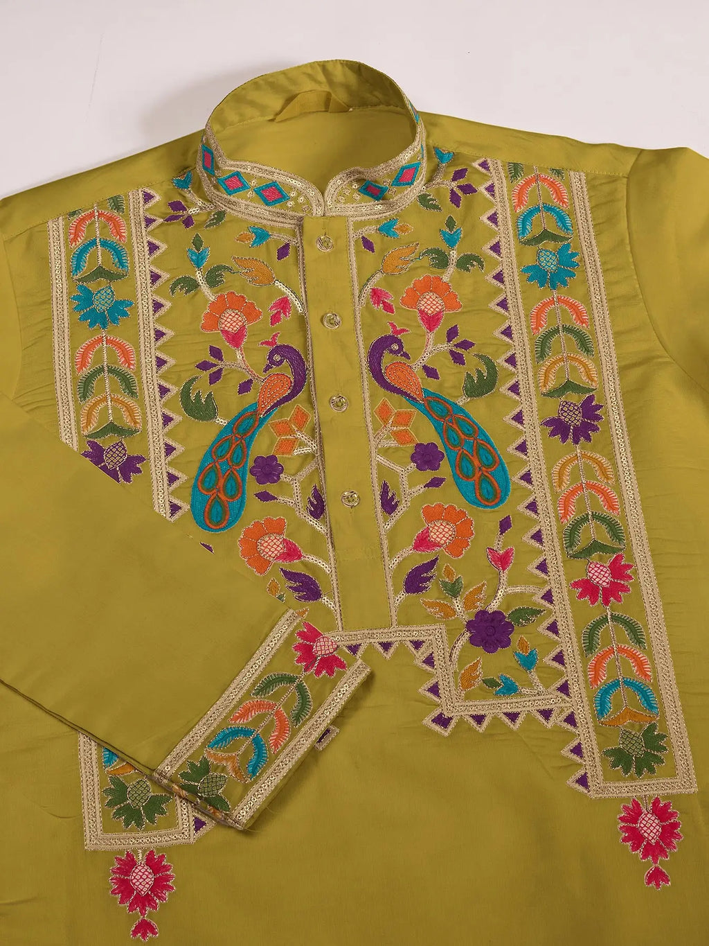 Mustard Viscose Silk Thread & Sequence Embroidered Work Kurta