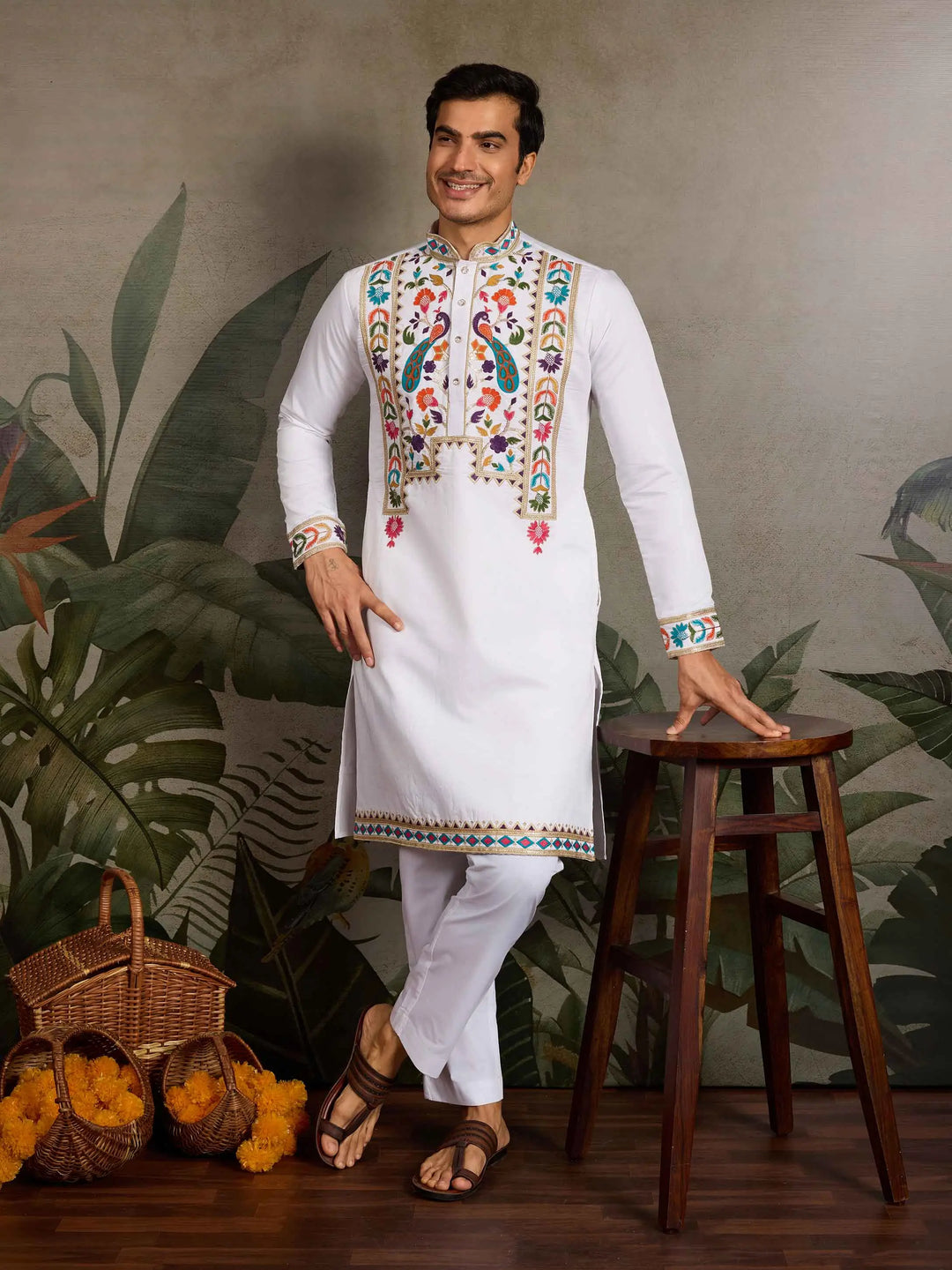 White Multi Thread And Sequins Embroidery Work Festive Wear Kurta Set - qivii