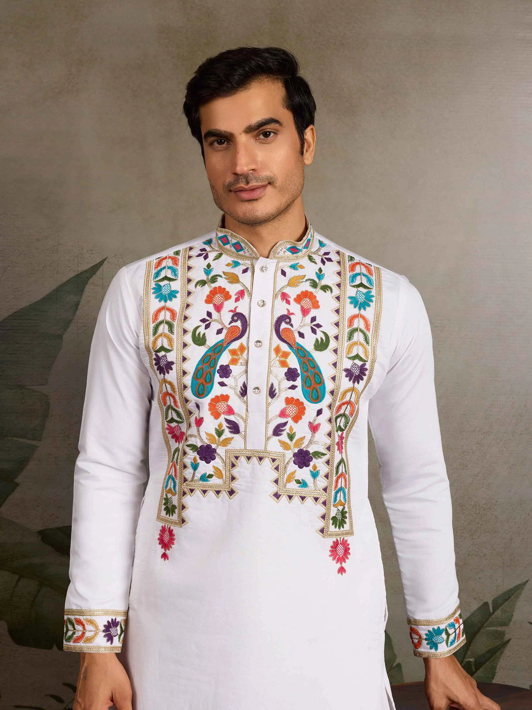 White Multi Thread And Sequins Embroidery Work Festive Wear Kurta Set - qivii