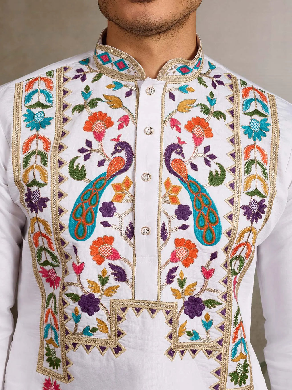 White Viscose Silk Thread & Sequence Embroidered Work Kurta