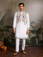 White Viscose Silk Thread & Sequence Embroidered Work Kurta