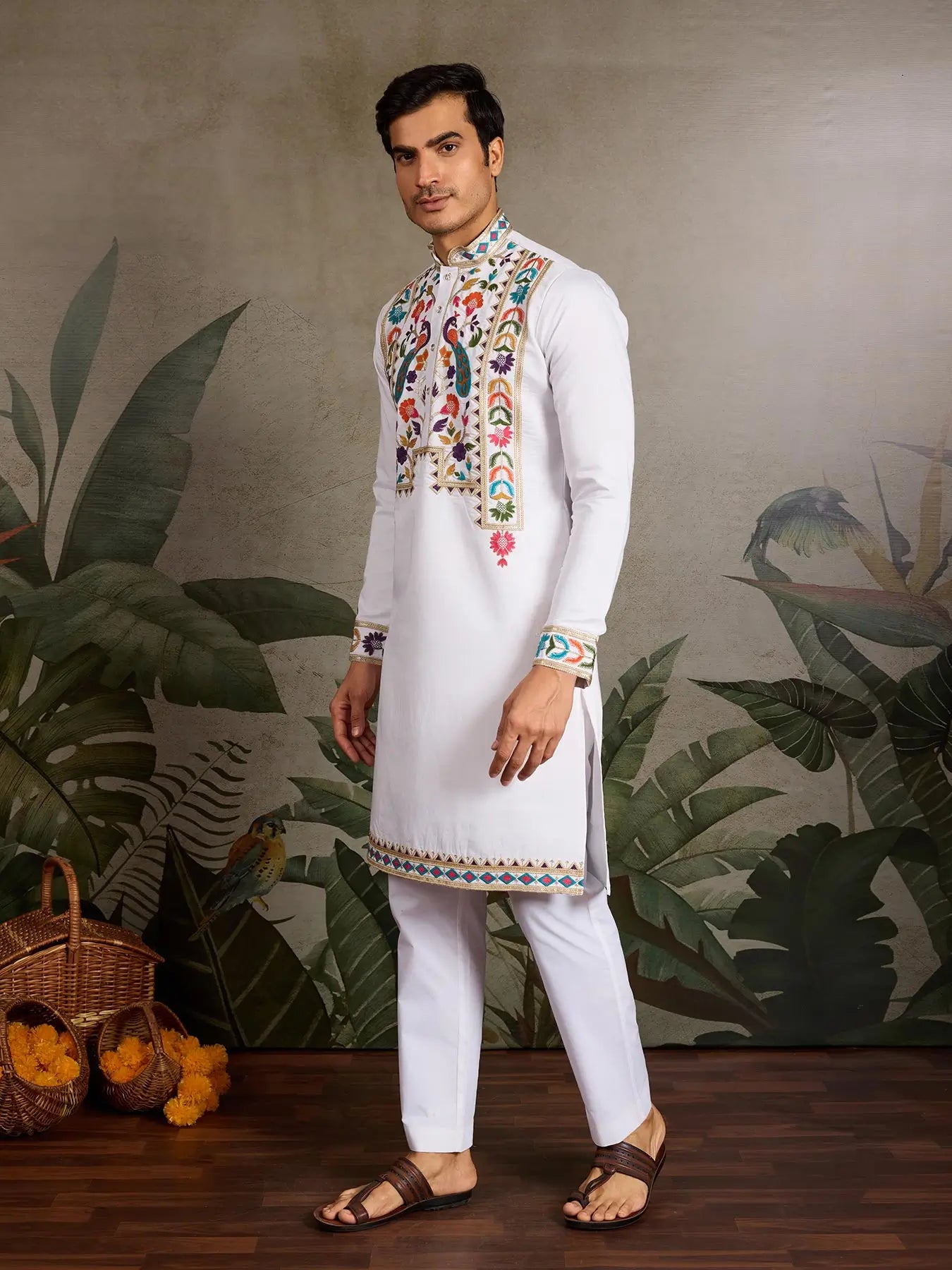 White Viscose Silk Thread & Sequence Embroidered Work Kurta