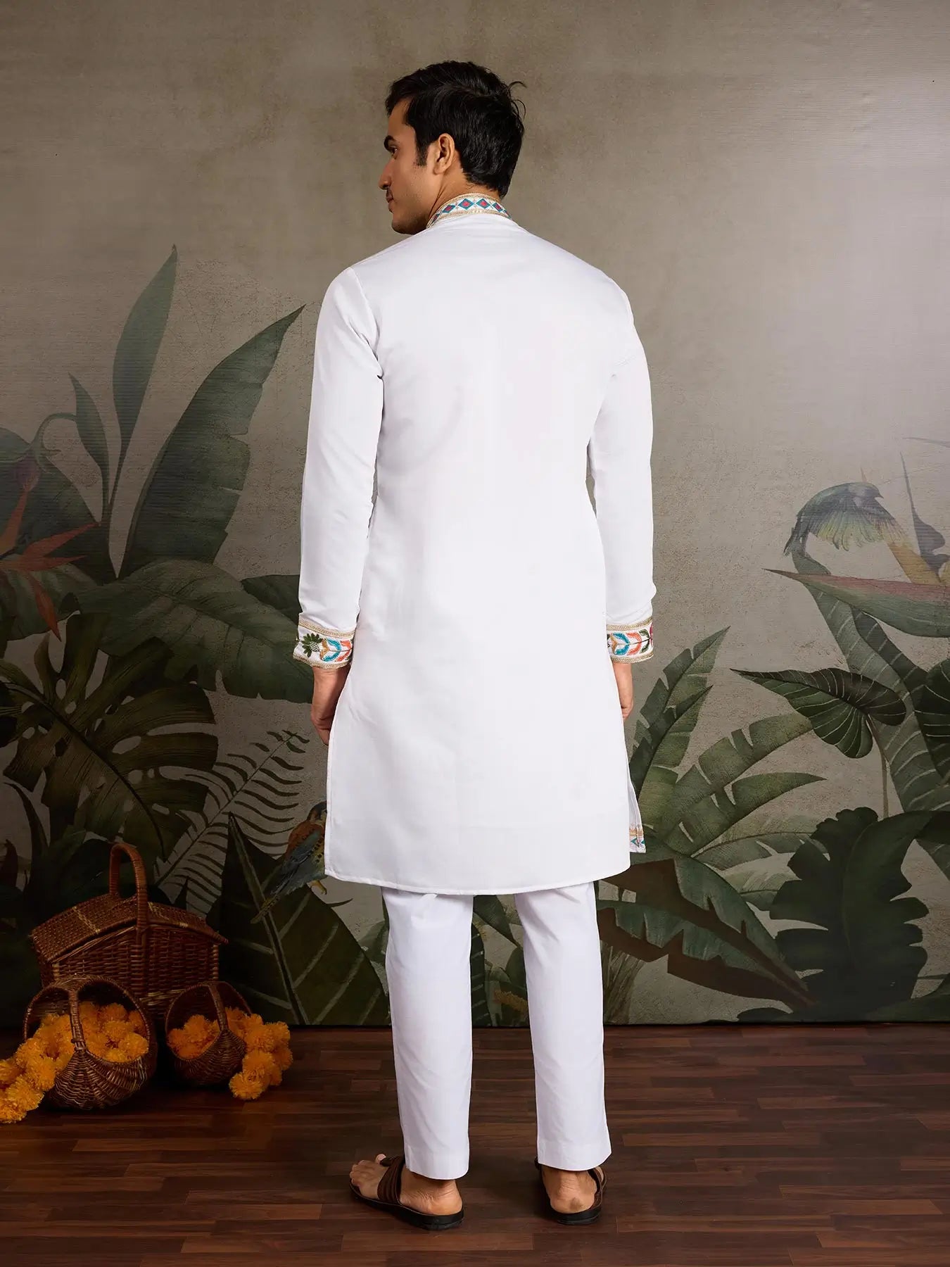 White Viscose Silk Thread & Sequence Embroidered Work Kurta