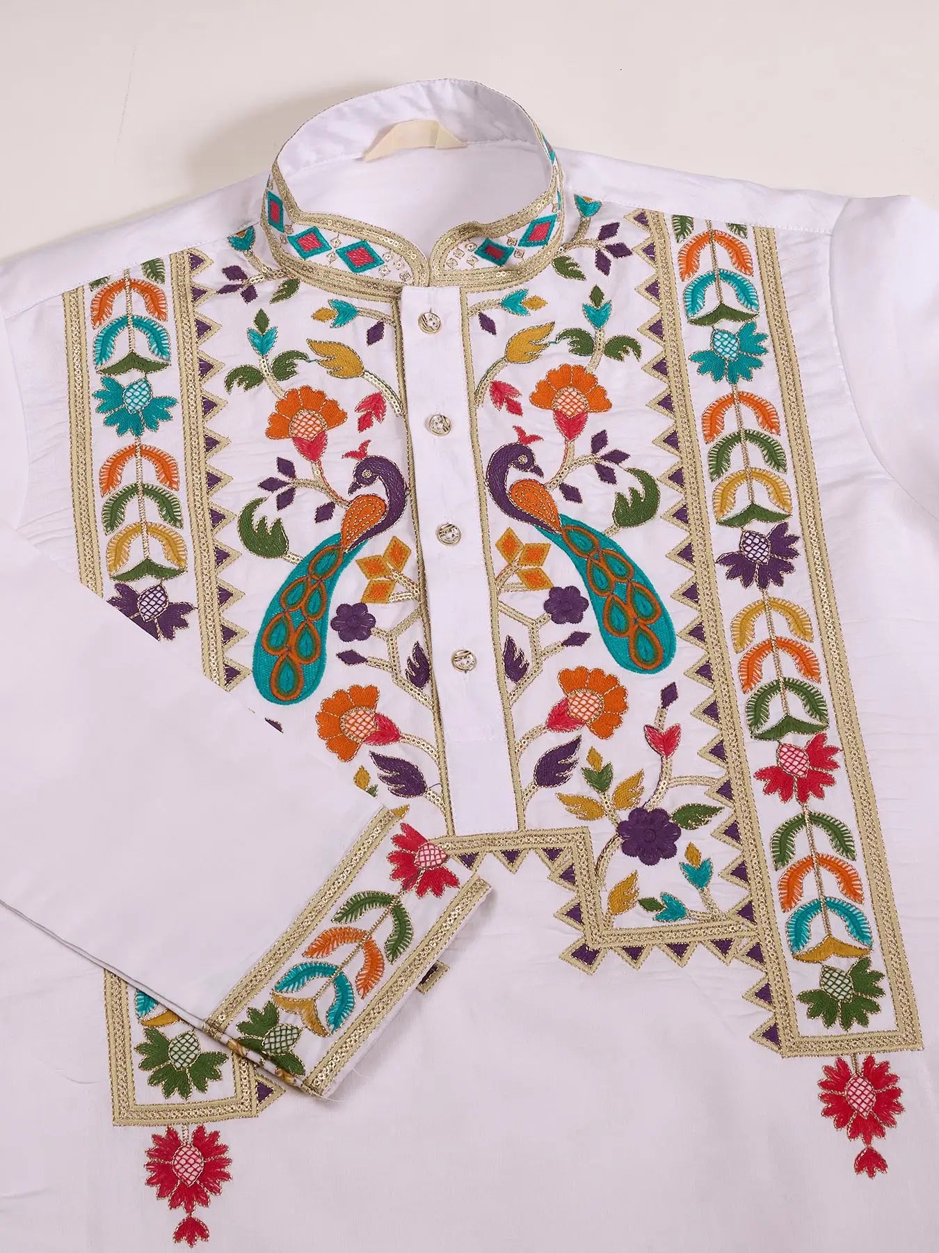 White Viscose Silk Thread & Sequence Embroidered Work Kurta