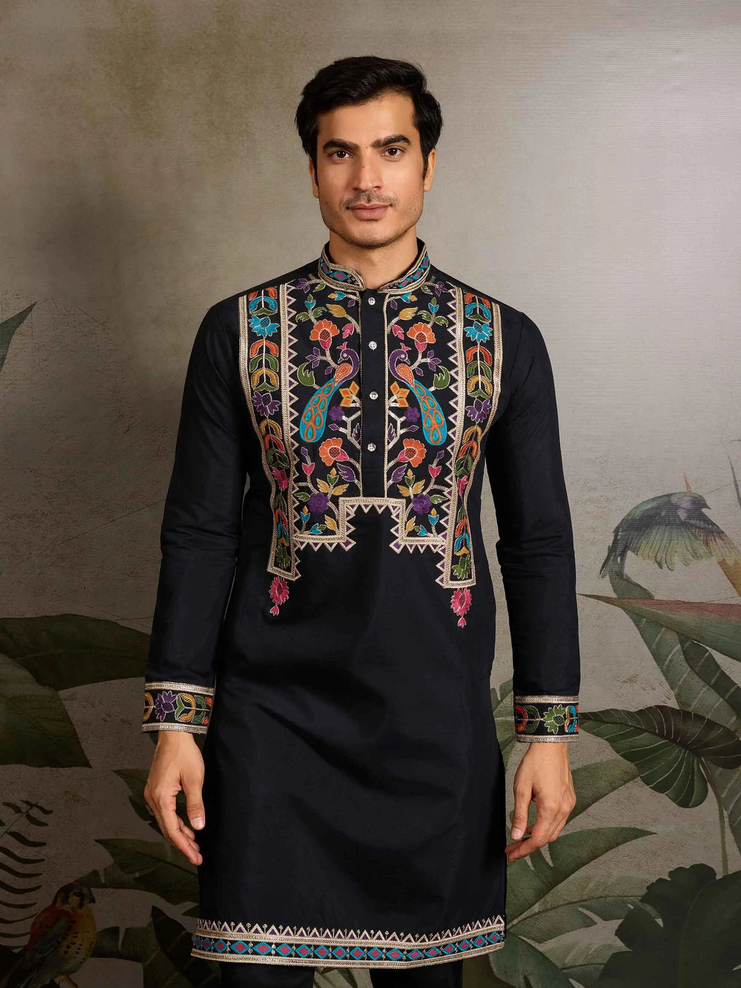 Black Multi Thread And Sequins Embroidery Work Festive Wear Kurta Set - qivii