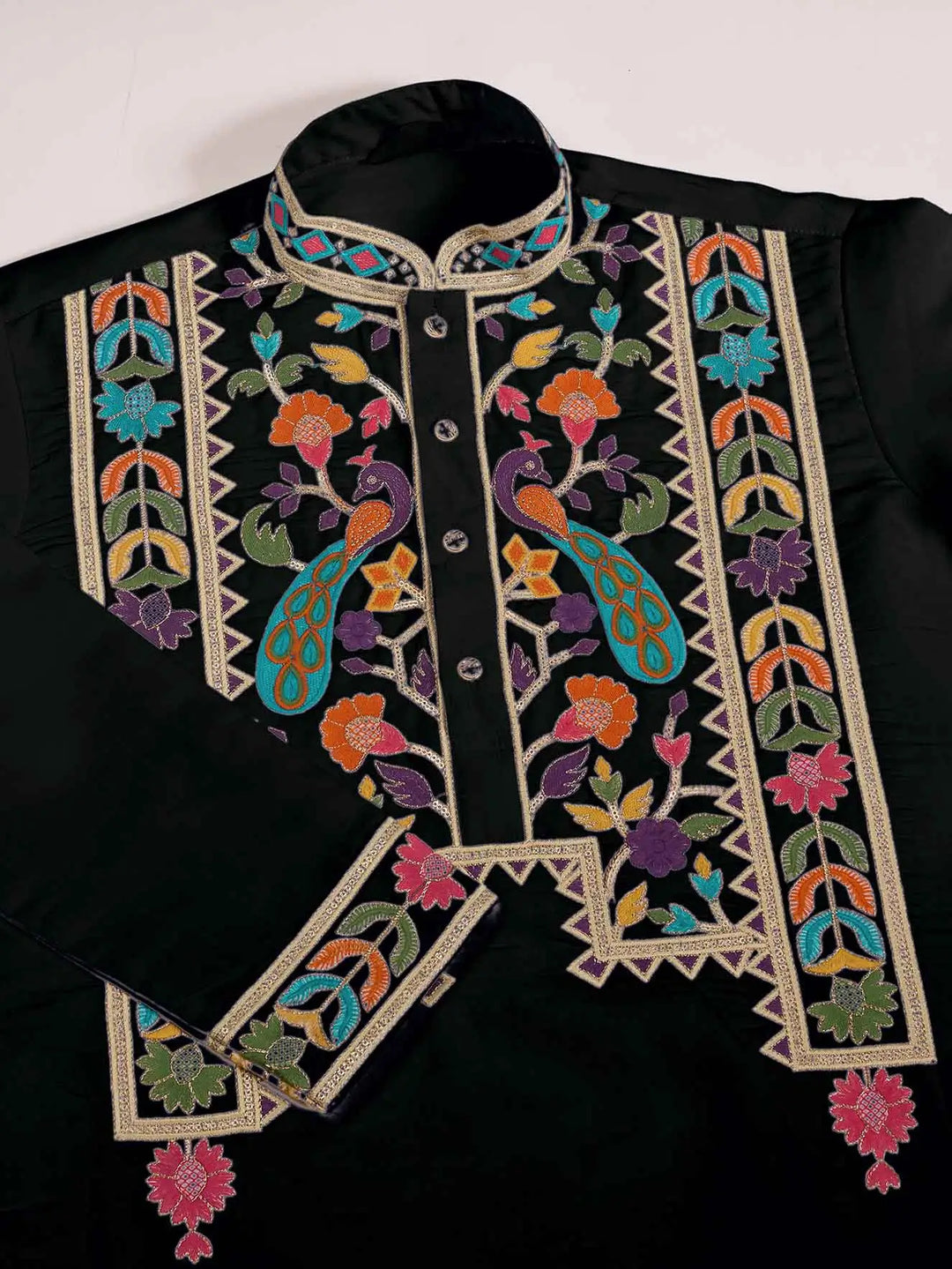 Black Multi Thread And Sequins Embroidery Work Festive Wear Kurta Set - qivii