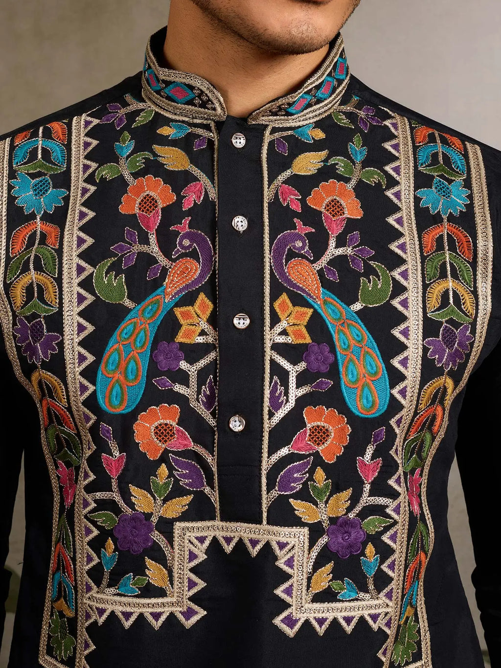 Black Viscose Silk Thread & Sequence Embroidered Work Kurta