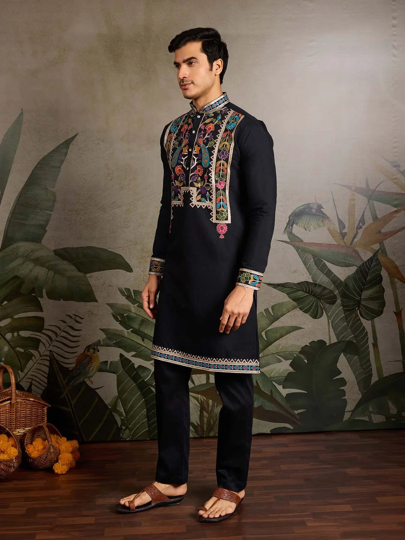 Black Viscose Silk Thread & Sequence Embroidered Work Kurta