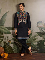 Black Viscose Silk Thread & Sequence Embroidered Work Kurta