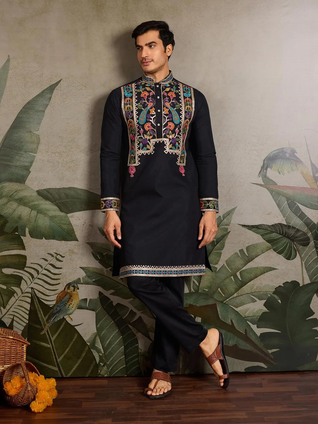 Black Viscose Silk Thread & Sequence Embroidered Work Kurta