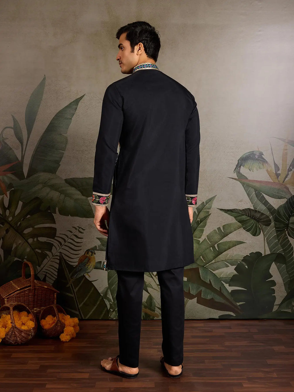 Black Viscose Silk Thread & Sequence Embroidered Work Kurta