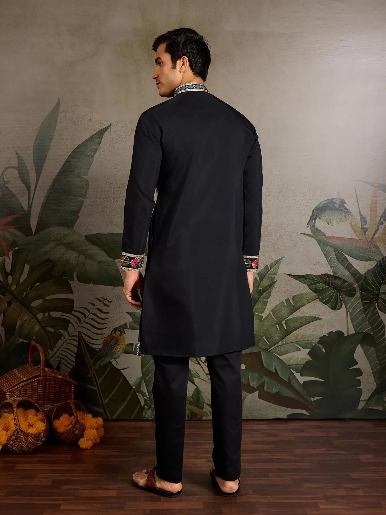 Black Viscose Silk Thread & Sequence Embroidered Work Kurta