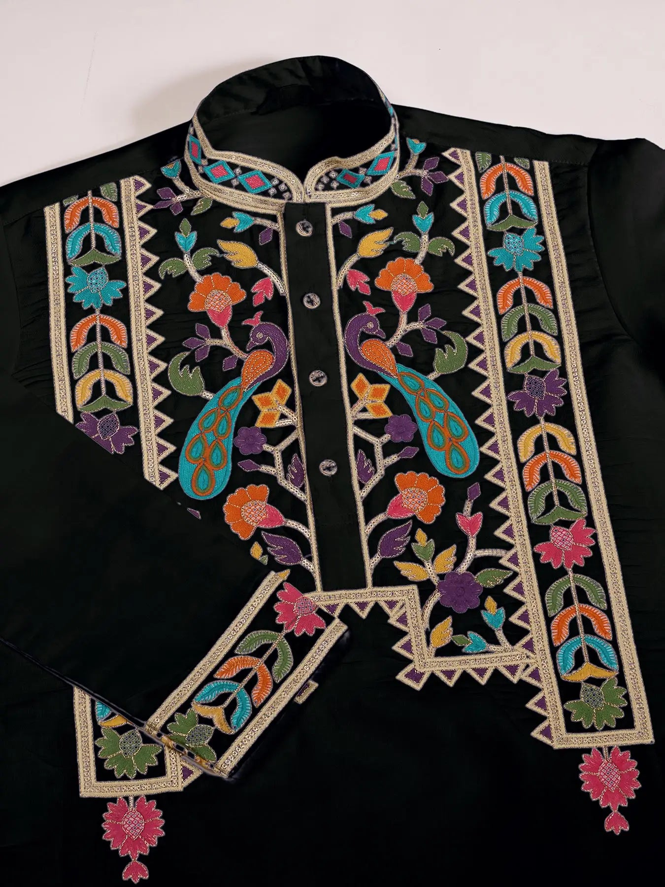 Black Viscose Silk Thread & Sequence Embroidered Work Kurta