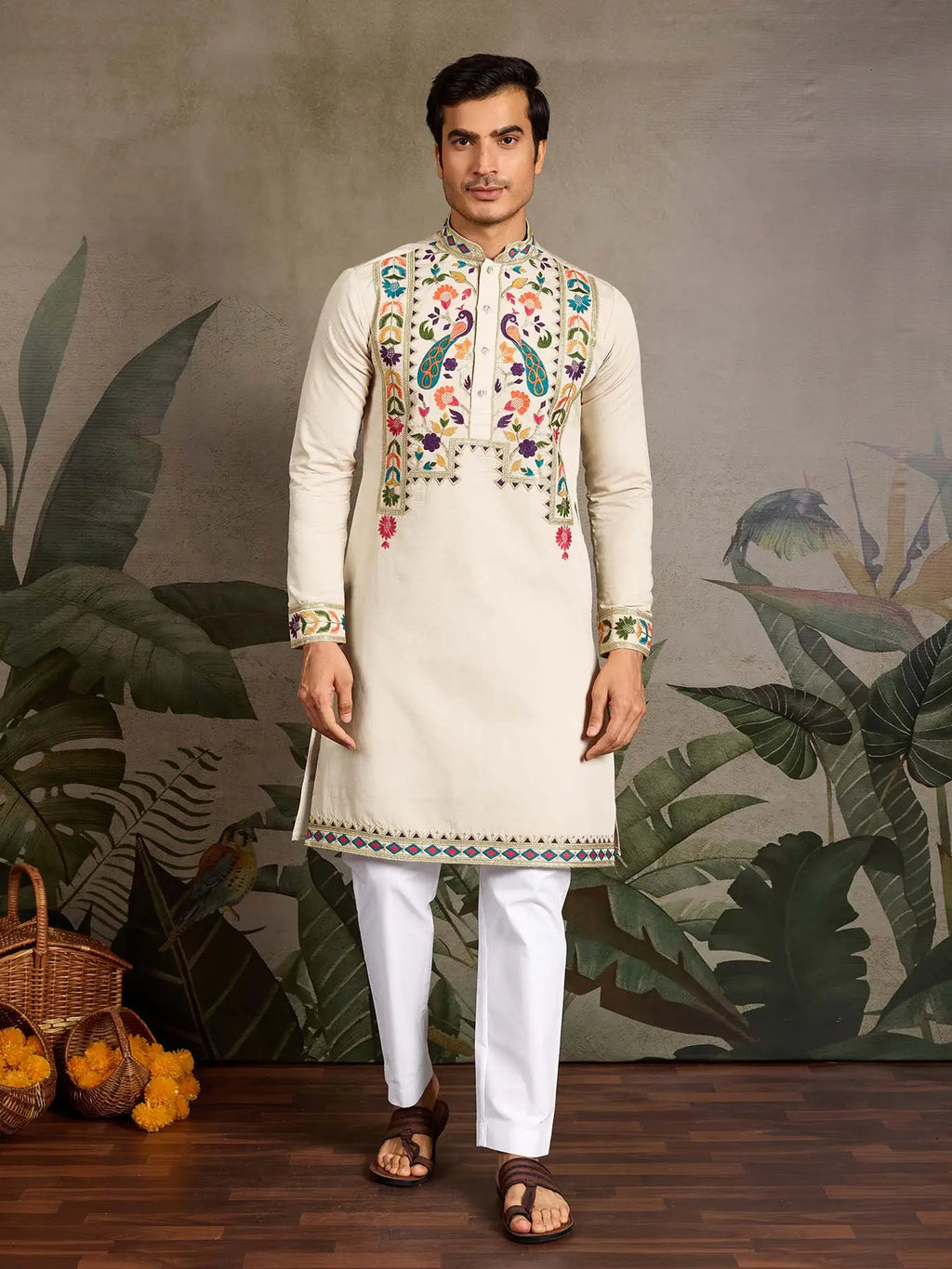 Cream Viscose Silk Thread & Sequence Embroidered Work Kurta
