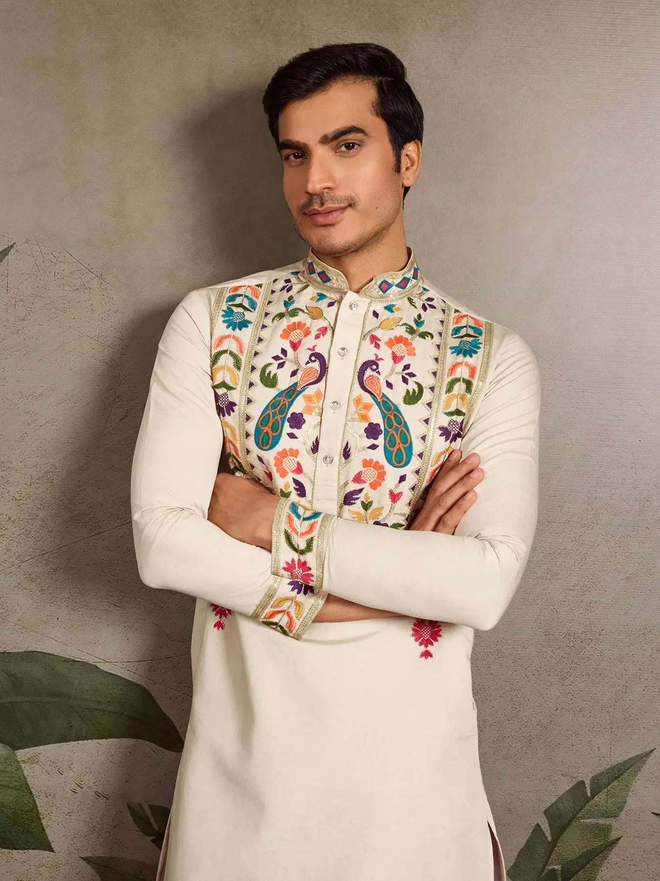 Cream Viscose Silk Thread & Sequence Embroidered Work Kurta