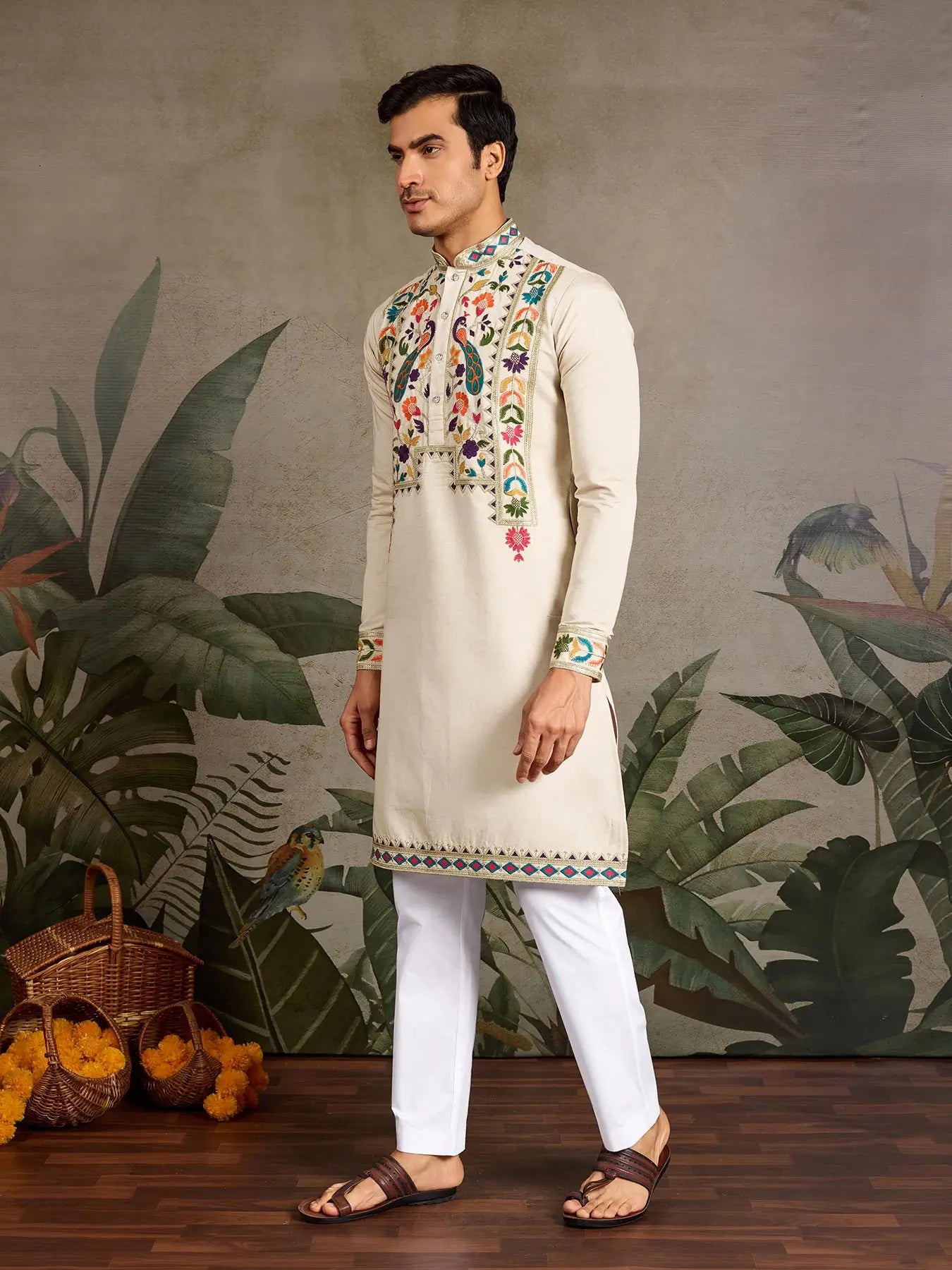 Cream Viscose Silk Thread & Sequence Embroidered Work Kurta