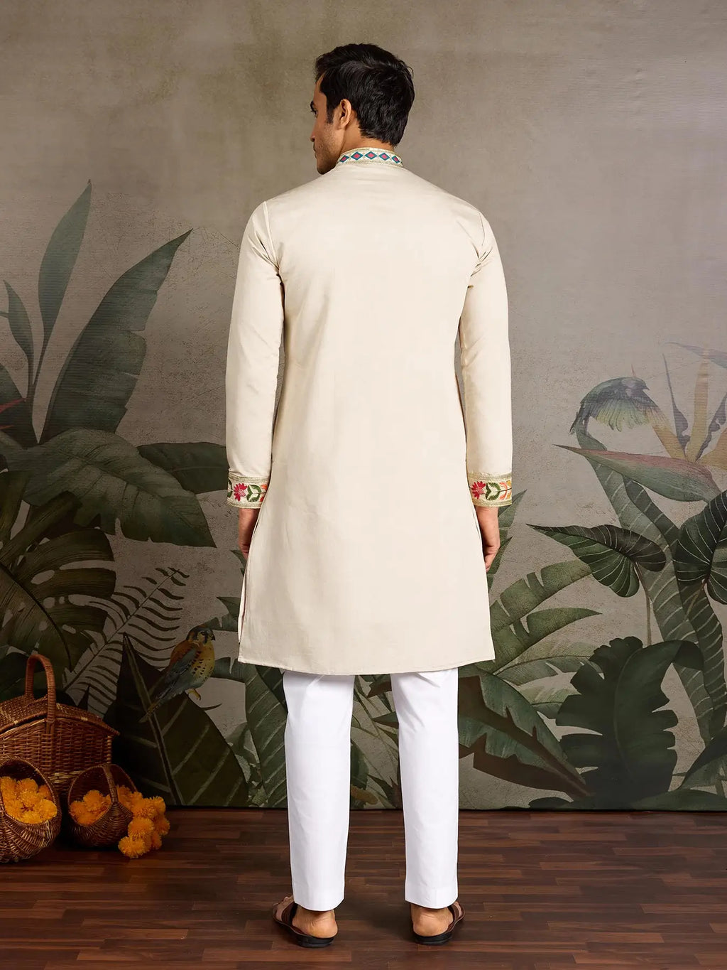 Cream Viscose Silk Thread & Sequence Embroidered Work Kurta