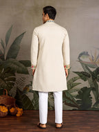 Cream Viscose Silk Thread & Sequence Embroidered Work Kurta