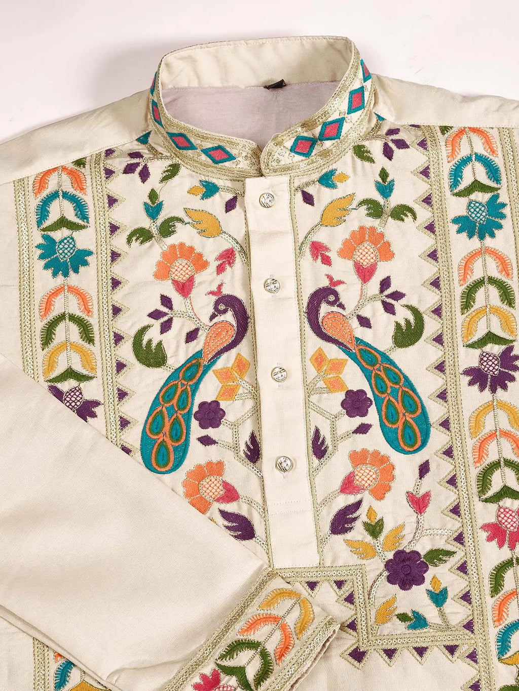Cream Viscose Silk Thread & Sequence Embroidered Work Kurta