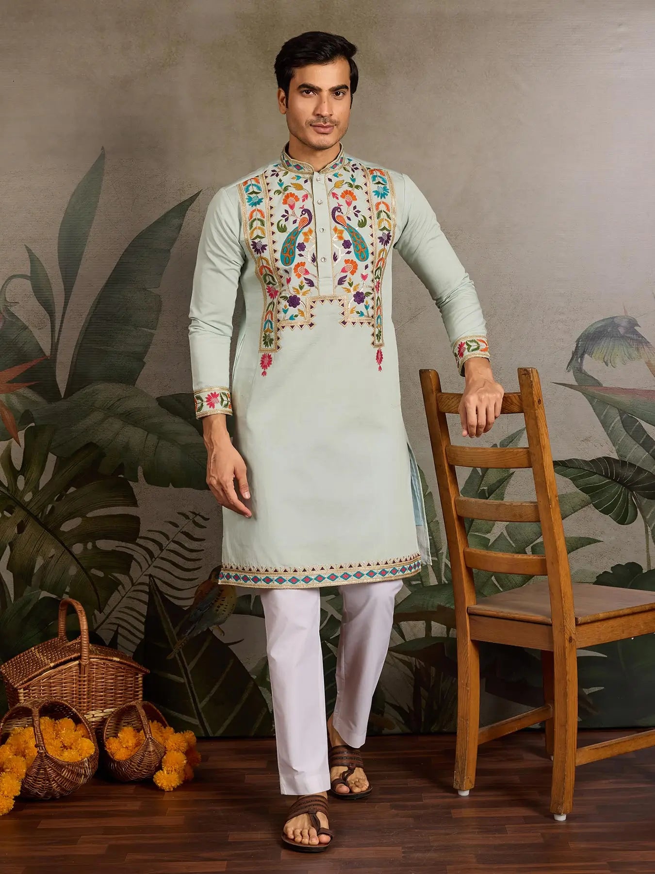 Pista Viscose Silk Thread & Sequence Embroidered Work Kurta