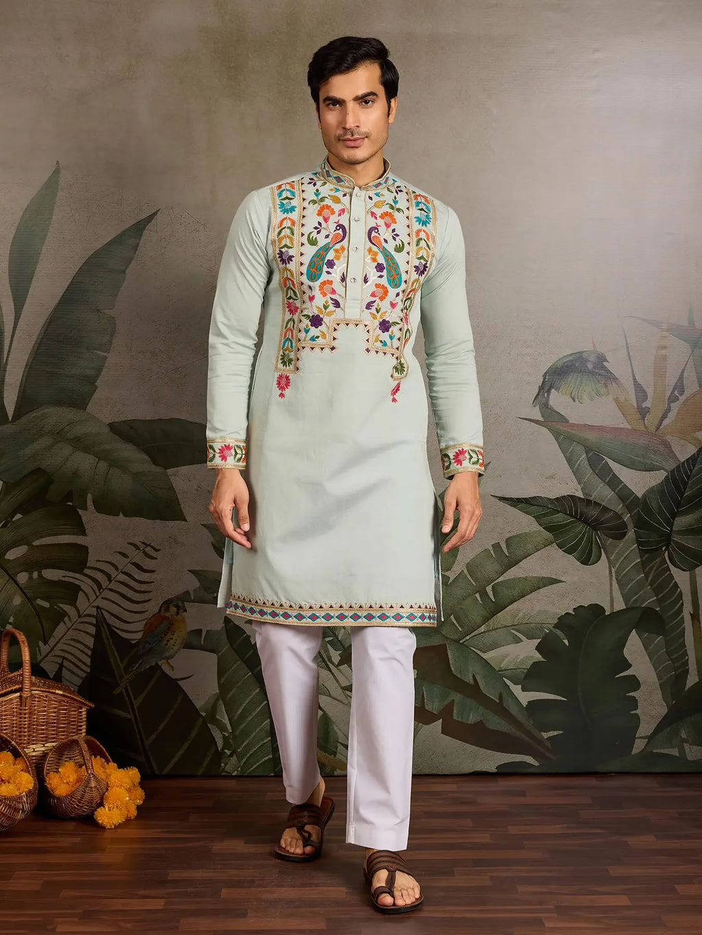 Pista Viscose Silk Thread & Sequence Embroidered Work Kurta