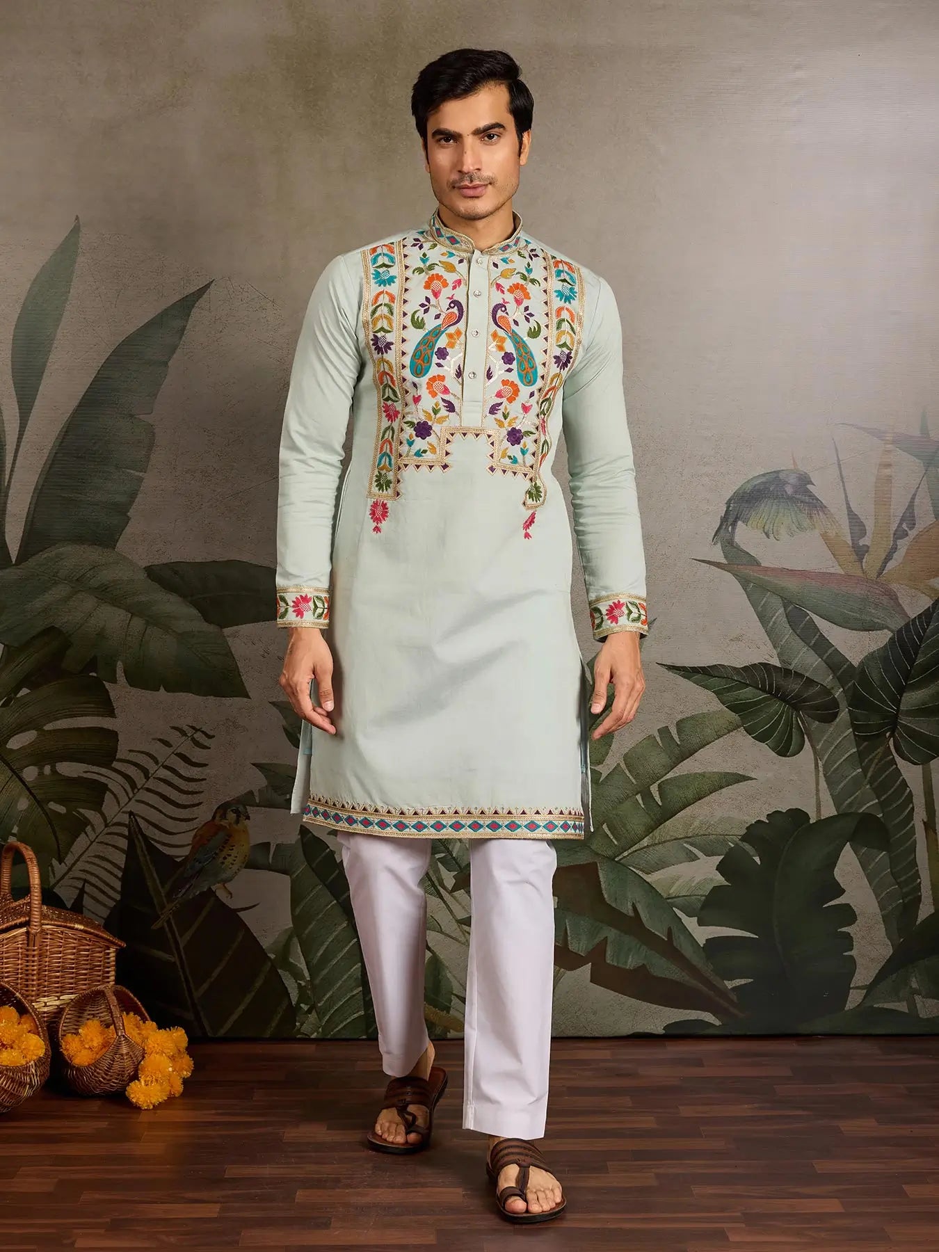 Pista Viscose Silk Thread & Sequence Embroidered Work Kurta