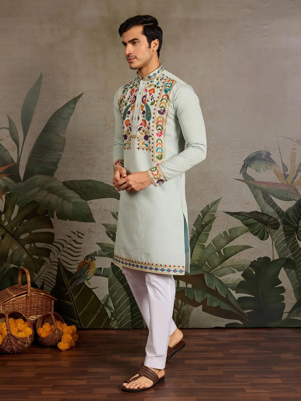 Pista Viscose Silk Thread & Sequence Embroidered Work Kurta