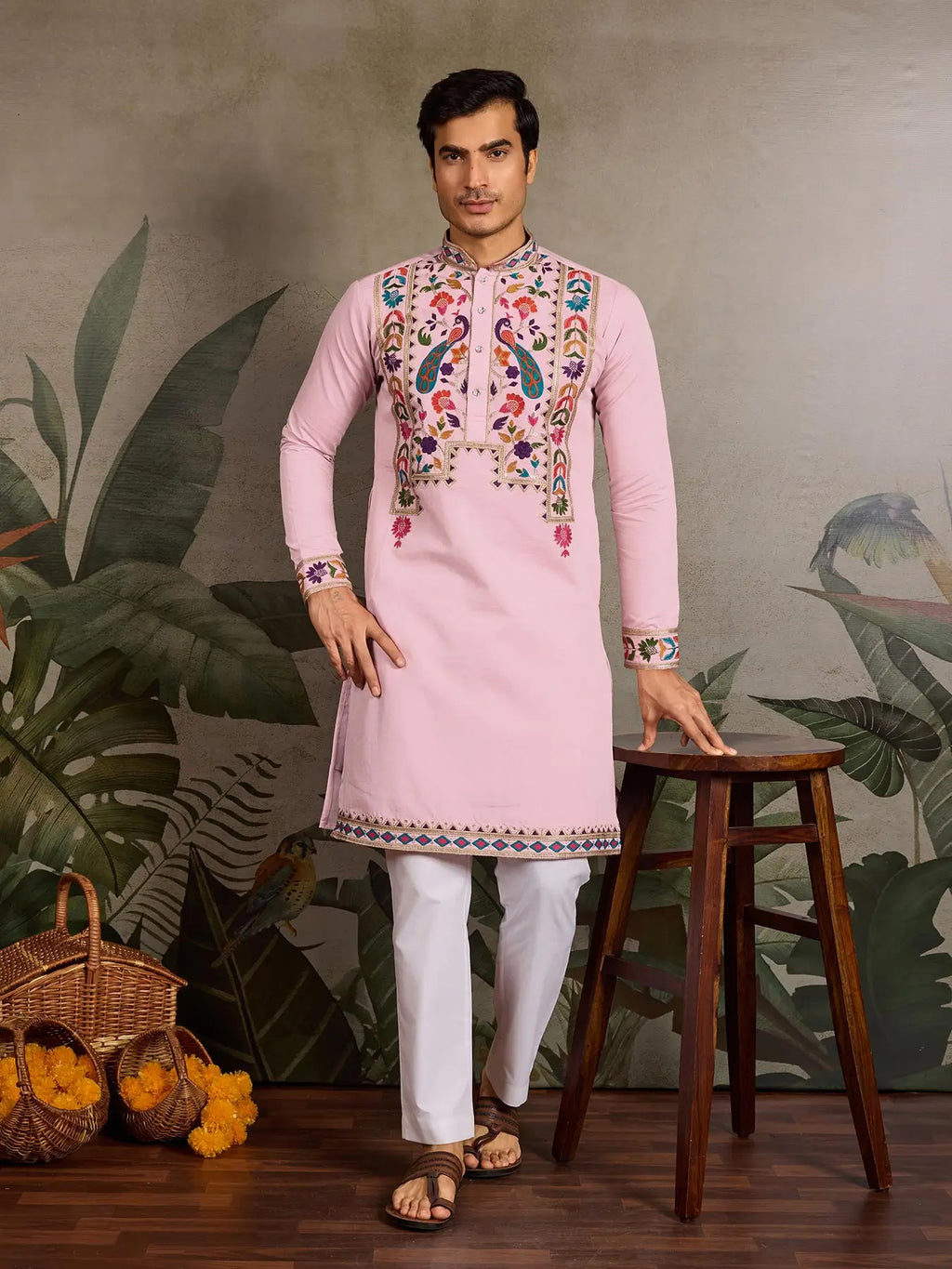 Pink Viscose Silk Thread & Sequence Embroidered Work Kurta