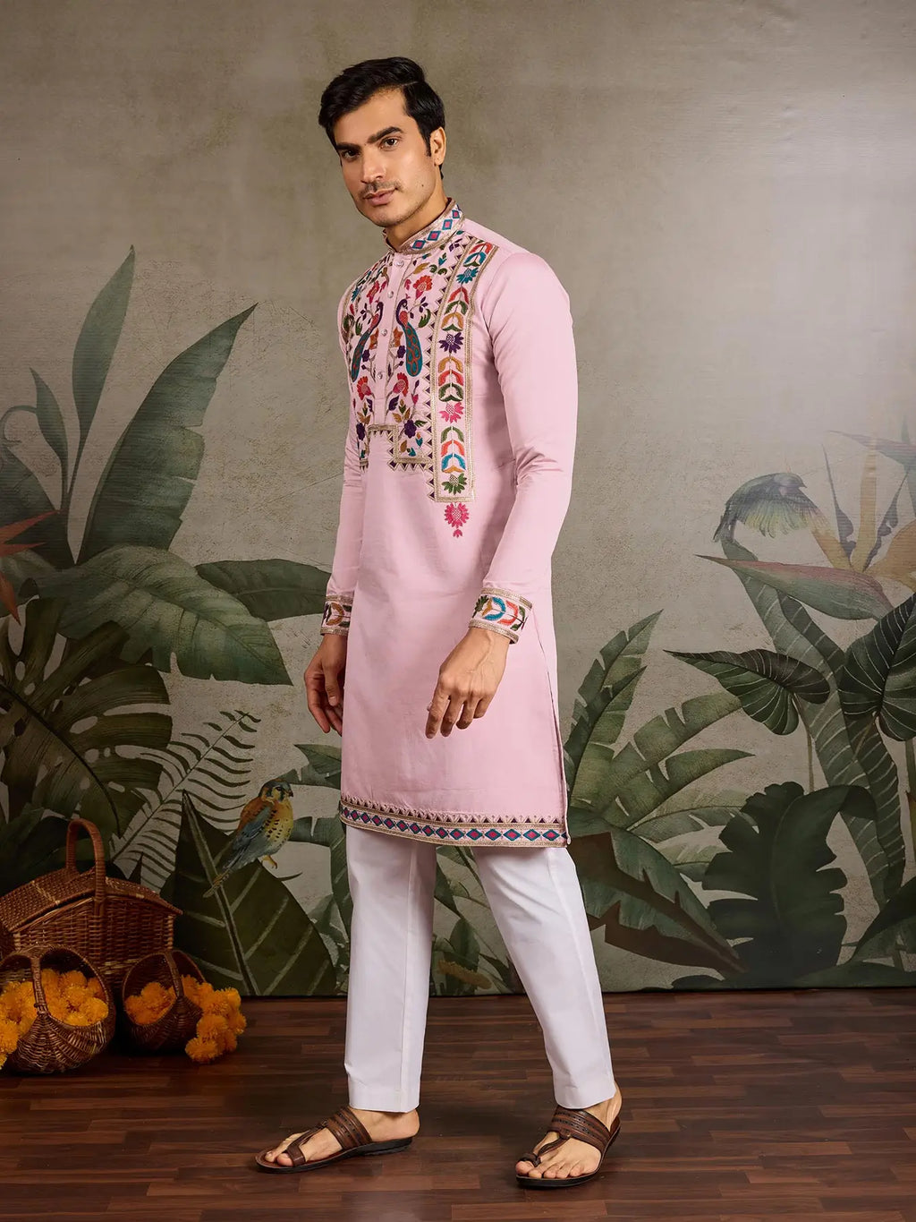 Pink Viscose Silk Thread & Sequence Embroidered Work Kurta